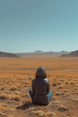 Poster - Minimalist view of a scientist taking soil samples in a barren desert,