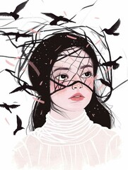 Wall Mural - An illustration of a young woman with black birds surrounding her head in a whimsical setting