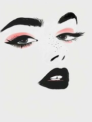 Wall Mural - A digital illustration of a female face with black eyeliner, black lipstick, and pink eyeshadow
