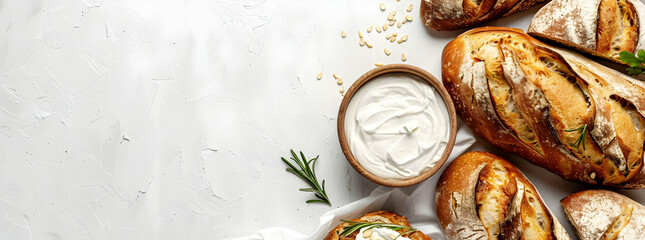 Wall Mural - Rustic sourdough breads and crostini with Greek yogurt on white background, top view banner with copy space area. White table surface for product presentation or advertising design template