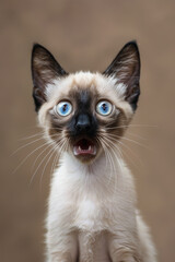 Wall Mural - Surprised Blue Eyed Siamese Kitten on Brown Background Cute Pet Portrait