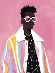 Wall Mural - A digital illustration of a young Black man wearing sunglasses and a brightly colored striped jacket, posed against a pink background