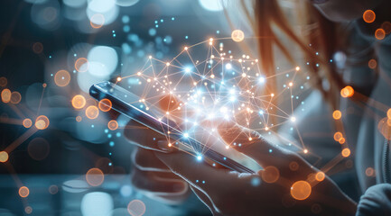 Fototapete - Hand using smartphone with digital technology data communication network and telecommunication concept. Generative AI.