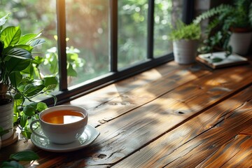 Canvas Print - A serene morning scene with a cup of tea on a wooden table by a window, illuminated by sunlight streaming through plants, creating a peaceful and refreshing atmosphere.