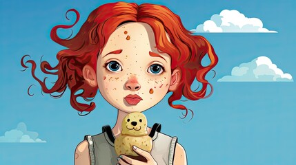 Poster - A funny sticker of an angry girl with red hair and pigtails eating ice cream