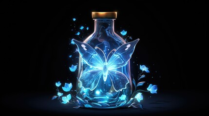 Wall Mural - Blue glowing flower and bottle on a dark background