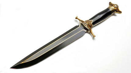 Ornate fantasy dagger with a black and gold handle lying on a transparent white background featuring a double-edged blade and intricate guard details. The design highlights craftsmanship and elegance.