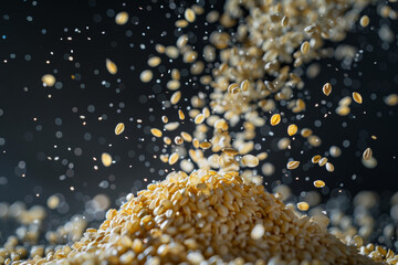 Wall Mural - Golden Wheat Grains Falling in Mid air Against Dark Background