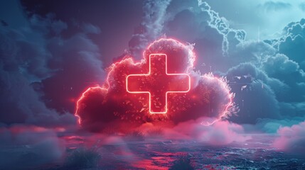 Sticker - A 3D illustration of a cloud with a medical cross symbol, representing cloud-based healthcare and medical services.