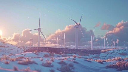 A 3D illustration of a renewable energy farm with wind turbines and solar panels, set against a backdrop of fluffy clouds, symbolizing sustainability.