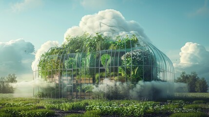 A symbolic 3D illustration of a cloud-shaped greenhouse with various food crops growing inside, representing sustainable agriculture practices.