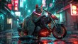 © I Am The Future - A cat with robotic limbs and a neon collar, sitting on a futuristic motorbike in a rain-soaked, neon-lit alley.
