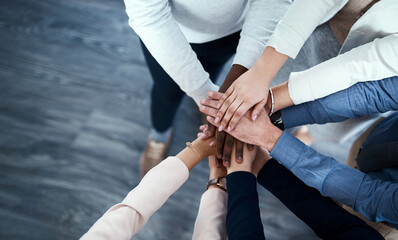 Aufkleber - People, office and pile of hands for support with growth, teamwork and collaboration for deal. Employee, business and unity for business achievement with commitment, partnership and team building