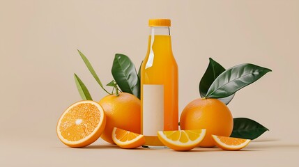 Wall Mural - minimalist bottle of fresh orange juice with ripe oranges, neutral background, highlighting freshness