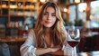 © Lens Legacy - An elegant woman with long hair enjoys a glass of red wine in a stylish restaurant, creating a sophisticated and relaxed ambience for a pleasant dining experience.