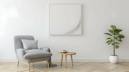 A minimalist living room setting featuring a cozy grey armchair with a pillow, a small wooden side table with an open book, a potted plant, and a blank picture frame on a white wall background.