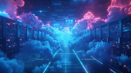 Wall Mural - A futuristic 3D illustration of a data center with servers surrounded by digital clouds, symbolizing cloud service infrastructure.