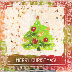 A Christmas card with a Christmas tree and decorations.