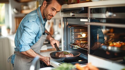 A chef, wearing blue shirt and gray apron, prepares delicious steak with herbs beside a modern oven in a well-lit kitchen setting, focused on cooking perfect dinner specialties.