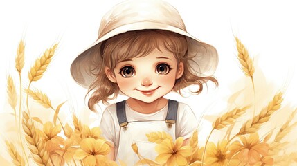 Poster - Cute little girl wearing overalls and a straw hat