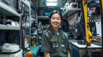 Canvas Print - Young emergency Asian woman doctor happily posing inside an ambulance equipped with medical gear. 