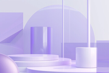 Wall Mural - A 3D render of a podium background for product display, featuring a sleek and modern design in shades of violet and purple