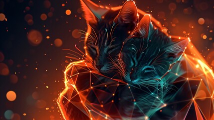 Wall Mural - A 3D vector graphic of a black cat hugging a glowing, multi-faceted abstract shape