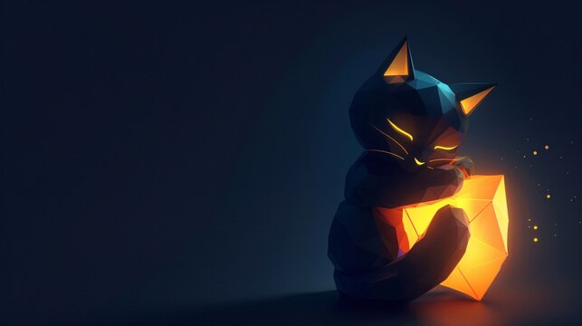 A dark-toned 3D vector graphic of a black cat hugging a geometric, glowing shape