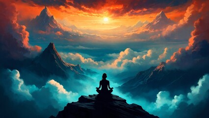 Silhouette of a beautiful meditating woman person sitting on the top of a mountain in lotus pose surrounded by surreal clouds and mountains view. Colorful spiritual conciousness illustration concept.