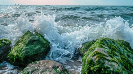 Canvas Print - Sea waves against stones covered in moss in the background