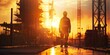 © xartproduction - A construction worker stands in front of a building at sunset