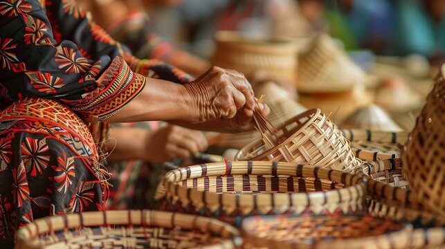 artisan hands weaving traditional basket, natural fibers, patterns, finished baskets backdrop, cultural craft