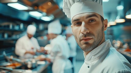 The picture of the professional chef is working inside kitchen of the restaurant, the job about preparing food require experience, cooking skills and concentration, chef must know best flavor. AIG43.