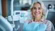 © Lens Legacy - A middle-aged woman at the dental clinic, sitting comfortably in the chair with a bright smile on her face, depicting a pleasant and reassuring dental visit experience.