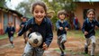 © Lens Legacy - Group of joyful children in uniforms playing soccer energetically outdoors, showcasing their excitement and teamwork, surrounded by a school environment.