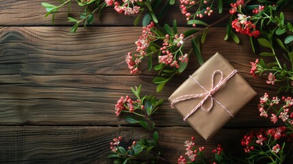 Poster - Flowers and gift box on wooden table