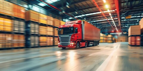 Sticker - A red semi truck is driving down a road in front of a warehouse