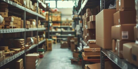 Poster - A warehouse with many boxes on shelves