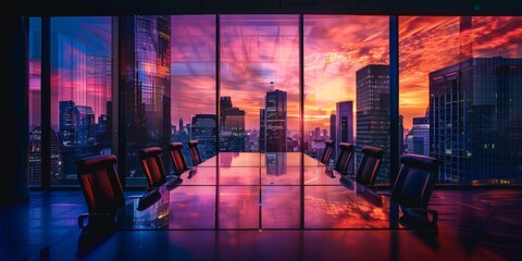 Canvas Print - A large conference room with a view of the city skyline