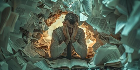 Wall Mural - A man is sitting in a pile of papers and books, looking very stressed