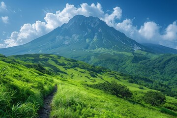 A breathtaking view of a lush green landscape with a towering mountain in the background, generously framed by a brilliantly blue sky dotted with fluffy white clouds.