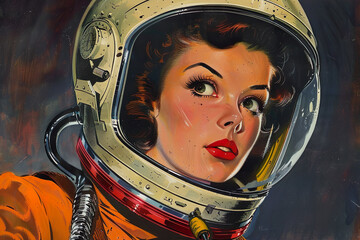 an illustration of a female astronaut on a vintage pulp magazine cover