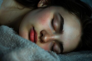 Wall Mural - A close-up portrait of a young woman sleeping peacefully, her face illuminated by soft light