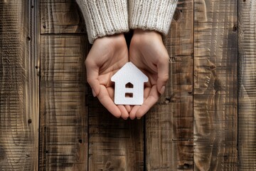 A close-up of two hands holding a paper house cutout on a rustic wood background