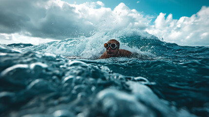 Wall Mural - A person swimming in turbulent waters with a strong current, representing the danger of drowning. 