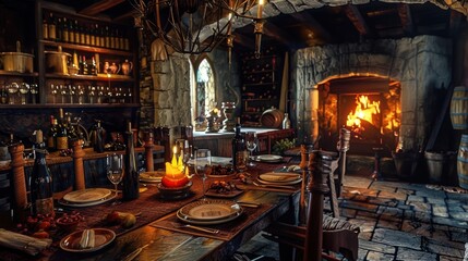 Wall Mural - A dining room with a fireplace in the background