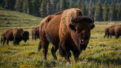 Wall Mural - About encountering a bison herd during a hike through Yellowstone's vast meadows  ai_generated