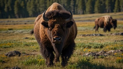 Wall Mural - About encountering a bison herd during a hike through Yellowstone's vast meadows  ai_generated