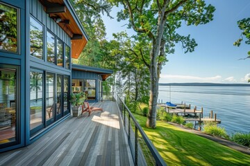 deck and lake from an American-style house in Washington State, USA with blue walls, glass windows, wood floors Generative AI