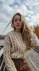 Poster - A woman in a cable knit sweater poses for a picture